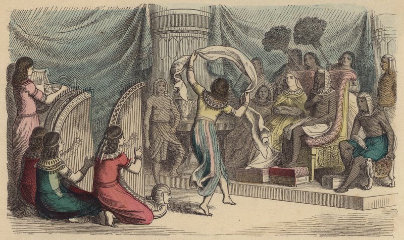 Musicians and dancers performing before the Pharaoh in Ancient Egypt (coloured engraving) بواسطة المدرسة الألمانية