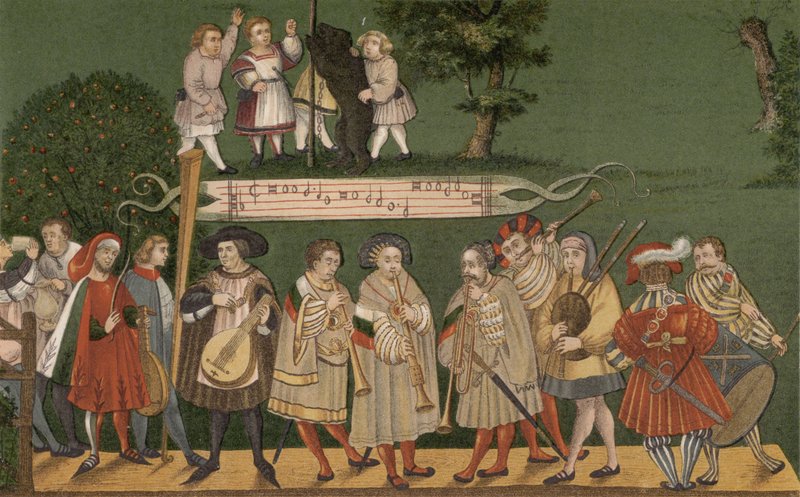موسيقيون من أوغسبورغ ، ألمانيا ، يلعبون لراقصين من Geschlechtertanz ، 1520 بواسطة المدرسة الألمانية