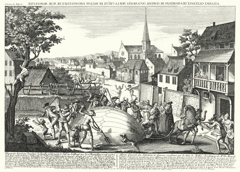 الفلاحون يهاجمون منطاد جاك تشارلز وروبرت براذرز بعد سقوطه في غونيس ، 27 أغسطس 1783 (نقش) بواسطة المدرسة الألمانية