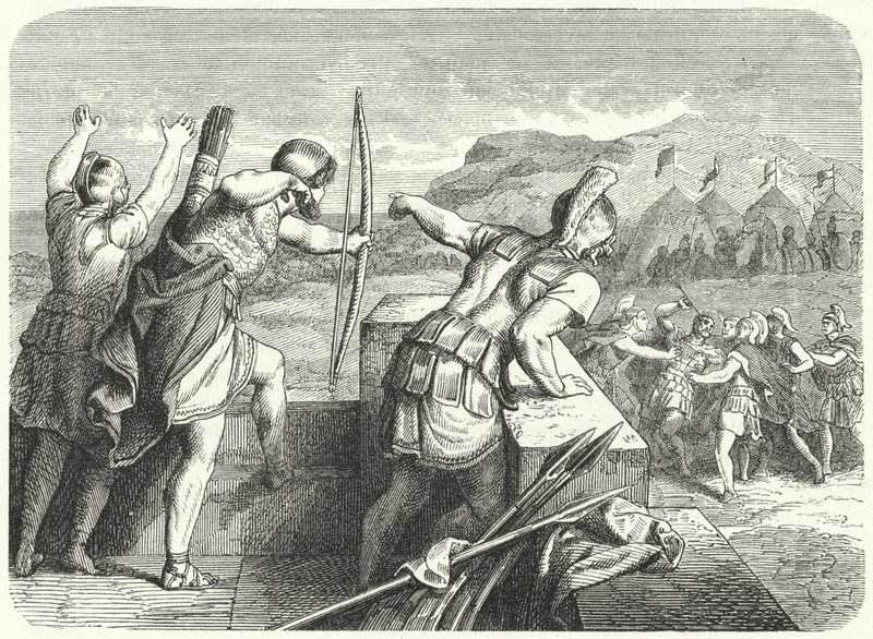 أصيب فيليب الثاني المقدوني بجروح في عينه عند حصار ميثون ، 355 قبل الميلاد (نقش) بواسطة المدرسة الألمانية