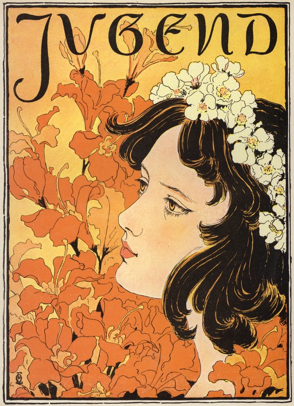 Portrait of a girl with flowers in her hair (colour litho) بواسطة المدرسة الألمانية