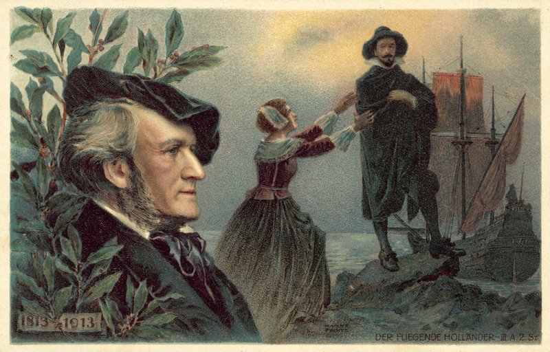 Richard Wagner and a scene from his opera The Flying Dutchman بواسطة المدرسة الألمانية