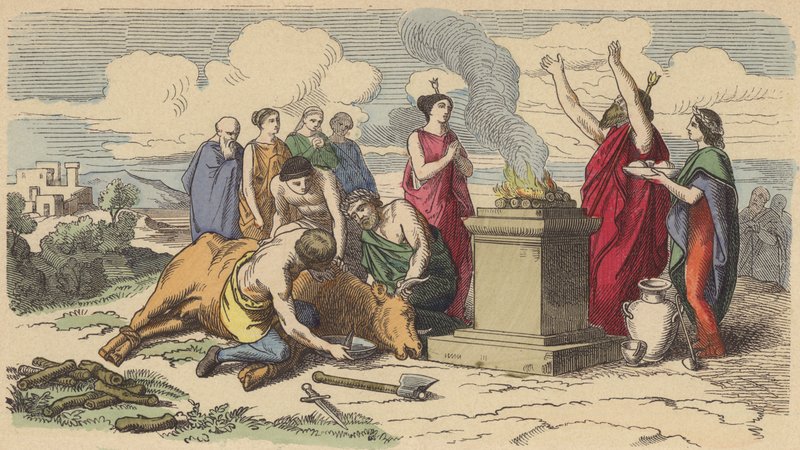 Sacrifice in Ancient Greece (coloured engraving) بواسطة المدرسة الألمانية
