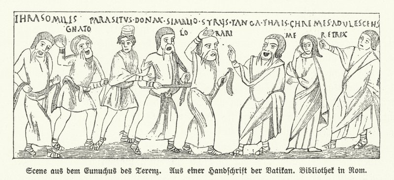 مشهد من فيلم Eunuchus (The Eunuch) ، كوميدي للكاتب المسرحي الروماني Terence (litho) بواسطة المدرسة الألمانية