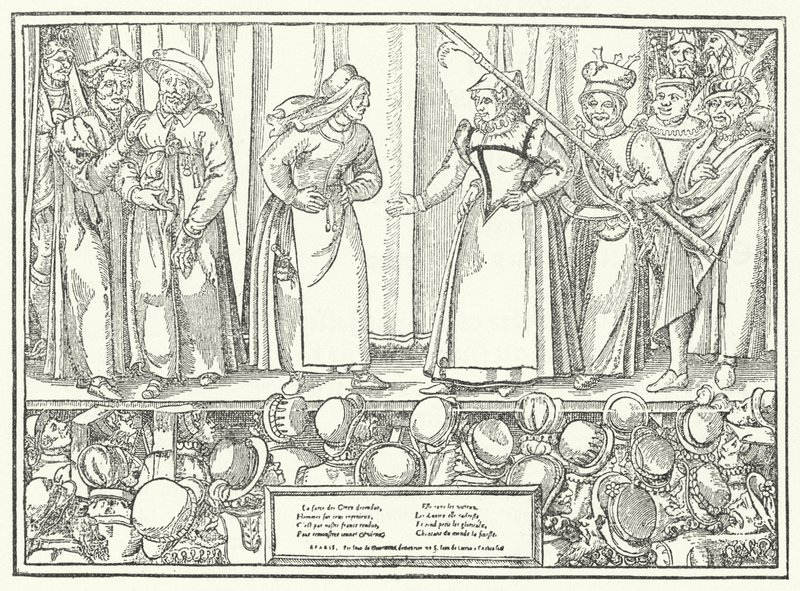 Scene from a play in a late medieval theatre (engraving) بواسطة المدرسة الألمانية