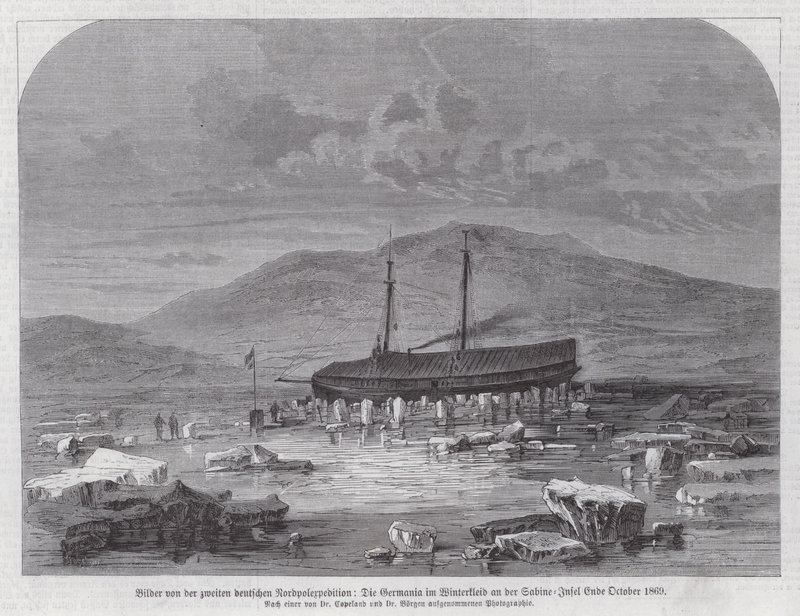 Schooner Germania at Sabine Island off the east coast of Greenland, second German North Polar Expedition, late October 1869 (engraving) بواسطة المدرسة الألمانية