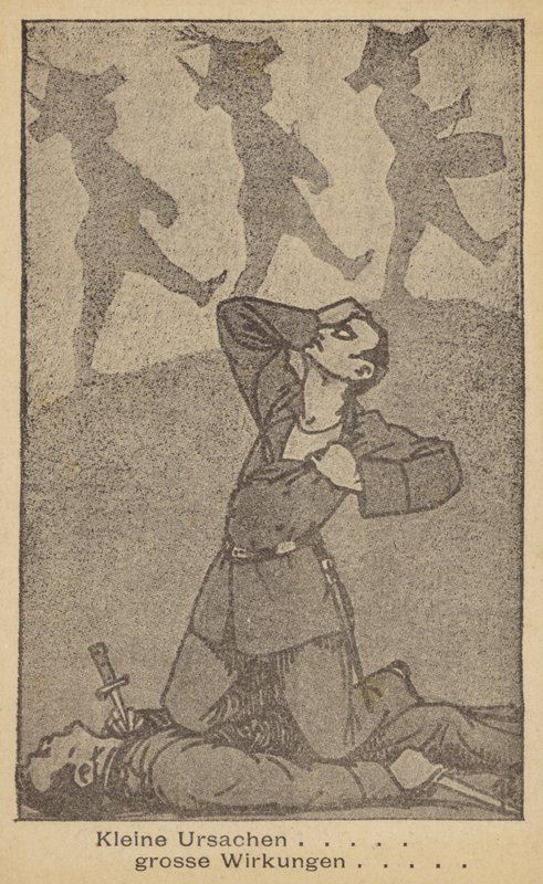 أسباب صغيرة آثار كبيرة. رسم توضيحي ألماني مناهض للحرب، صادر عن WILPF (الرابطة النسائية الدولية للسلم والحرية)، أواخر عشرينيات القرن العشرين (مطبوعة حجرية) بواسطة المدرسة الألمانية
