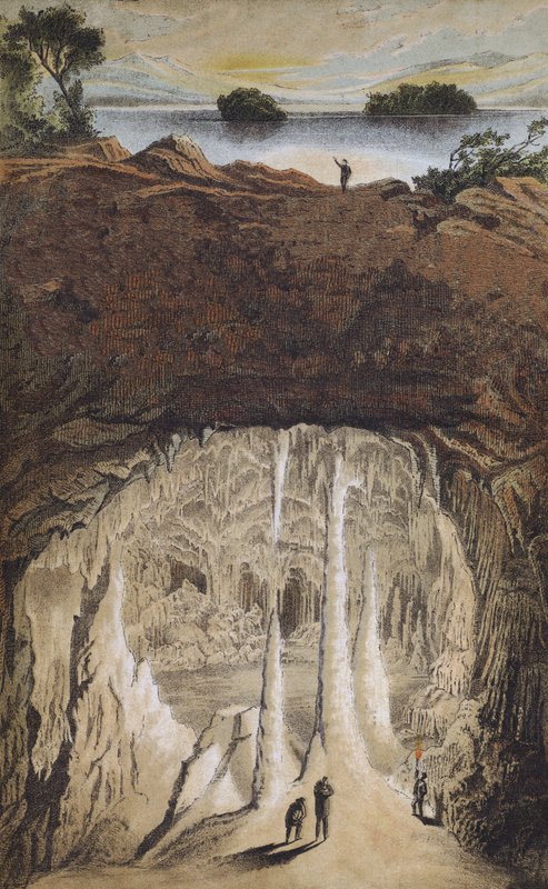 Stalactites and stalagmites in a cave (colour litho) بواسطة المدرسة الألمانية