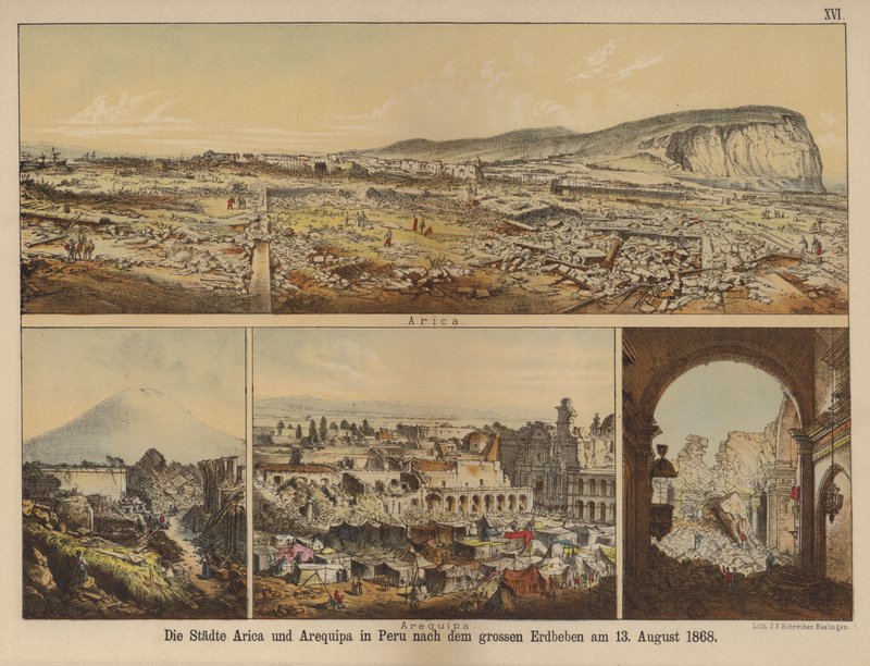 مدينتا أريكا وأريكويبا في بيرو بعد الزلزال العظيم الذي وقع في 13 أغسطس 1868 (لون ليثو) بواسطة المدرسة الألمانية