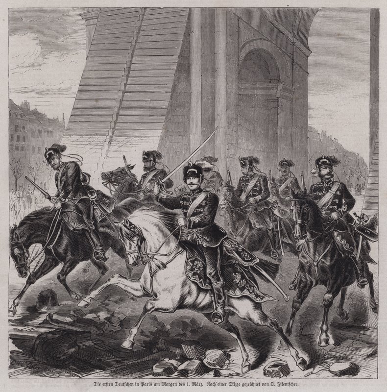 The first German soldiers entering Paris to occupy the city after the end of the Franco-Prussian War بواسطة المدرسة الألمانية