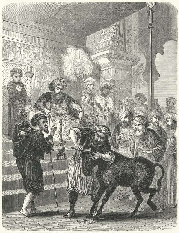 الفلاح وحماره أمام الخليفة هارون الرشيد (نقش) بواسطة المدرسة الألمانية
