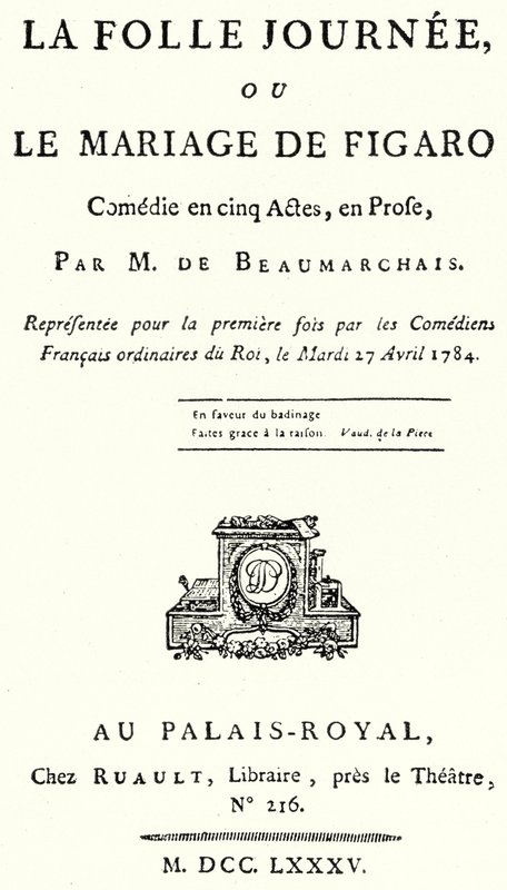 صفحة العنوان من مسرحية زواج فيجارو ، بقلم بيير بومارشيه ، قدمت لأول مرة في عام 1784 (نقش) بواسطة المدرسة الألمانية