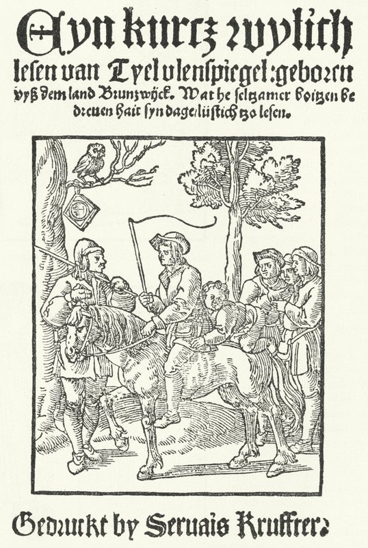 صفحة العنوان لأقدم طبعة ألمانية منخفضة معروفة من Till Eulenspiegel ، طبعها Servais Kruffter (نقش) بواسطة المدرسة الألمانية