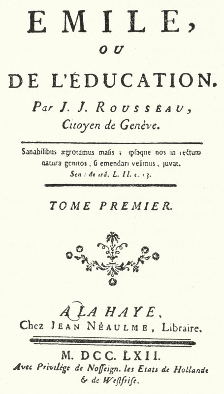 صفحة العنوان من الطبعة الأولى من إميل لجان جاك روسو ، نُشرت عام 1762 (نقش) بواسطة المدرسة الألمانية