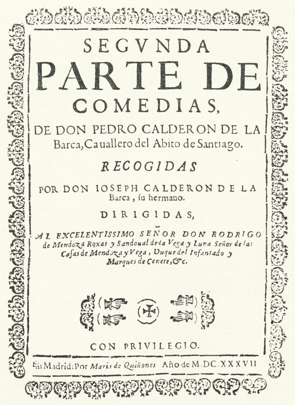 صفحة العنوان من المجلد الثاني من أربعة مجلدات لكوميديا كالديرون ، نُشرت عام 1637 (نقش) بواسطة المدرسة الألمانية