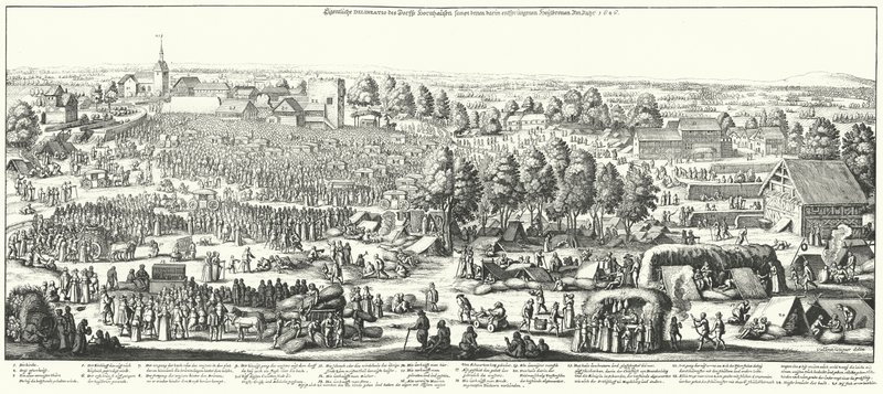 المسافرون الذين يزورون ينابيع الشفاء في قرية هورنهاوزن ، 1646 (نقش) بواسطة المدرسة الألمانية