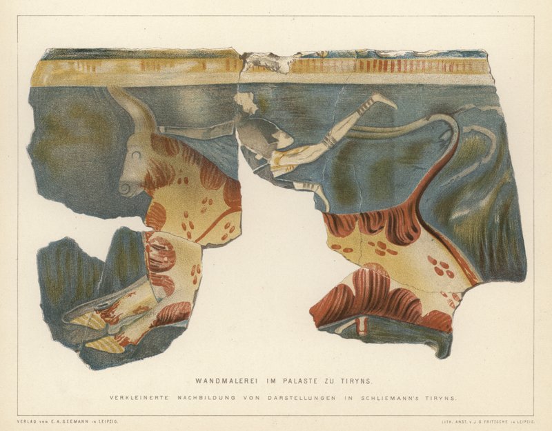 Wall painting from the Mycenaean palace at Tiryns, Greece, excavated by German archaeologist Heinrich Schliemann (colour litho) بواسطة المدرسة الألمانية