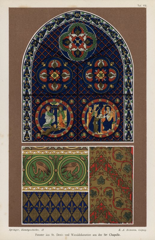 نافذة من كنيسة القديس دينيس وزخرفة جدارية من Sainte-Chapelle ، باريس ، فرنسا (لون ليثو) بواسطة المدرسة الألمانية