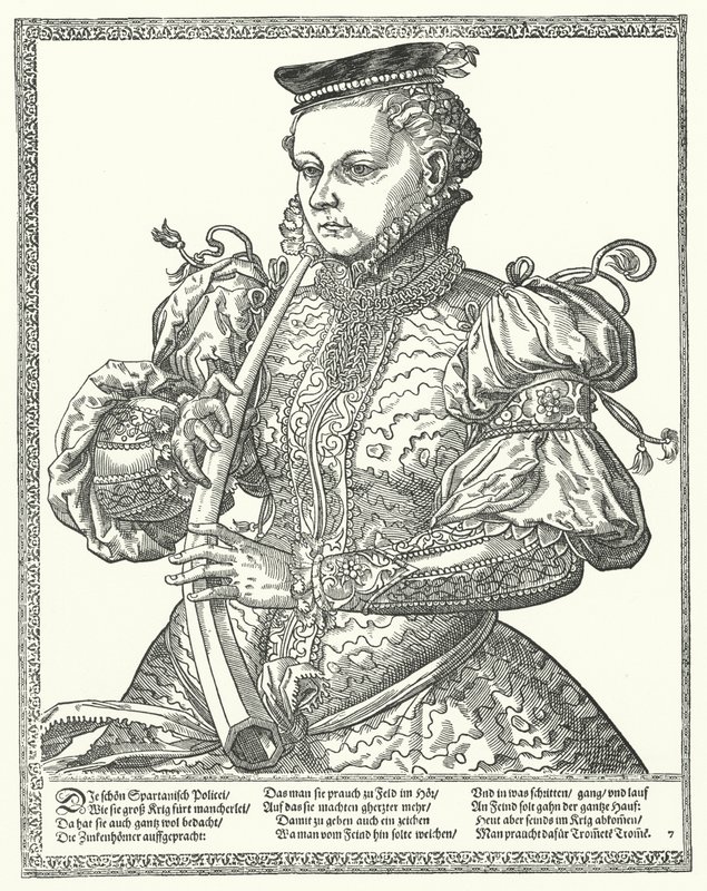 Woman playing a horn (engraving) بواسطة المدرسة الألمانية