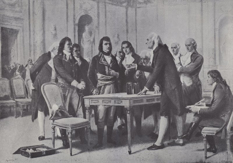 اليساندرو فولتا يوضح بطاريته لنابليون ، القنصل الأول لفرنسا ، 1801 بواسطة جوزيبي بيرتيني