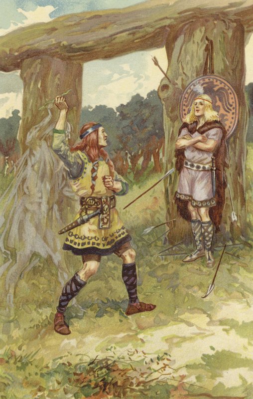 أخذ Hodur الهدال من Loki ، ووجه Loki ذراعه ، وألقى بها في Baldur ، وبكاء حاد سقط Baldur ميتًا (chromolitho) بواسطة جوردون فريدريك براون