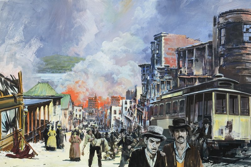 حريق وزلزال سان فرانسيسكو عام 1906 (غواش على ورق) بواسطة جراهام كوتون