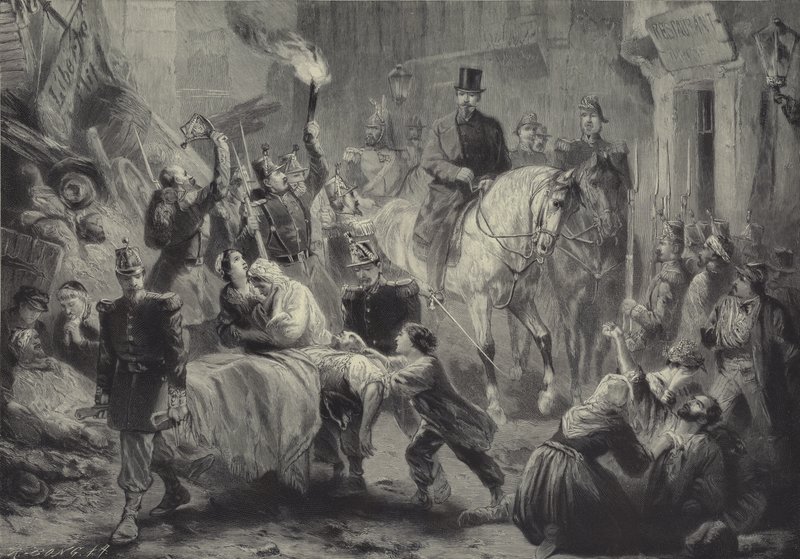 لويس نابليون يزور متاريس باريس على ظهور الخيل ليلة 3 ديسمبر 1851 بواسطة جوستاف بارتش