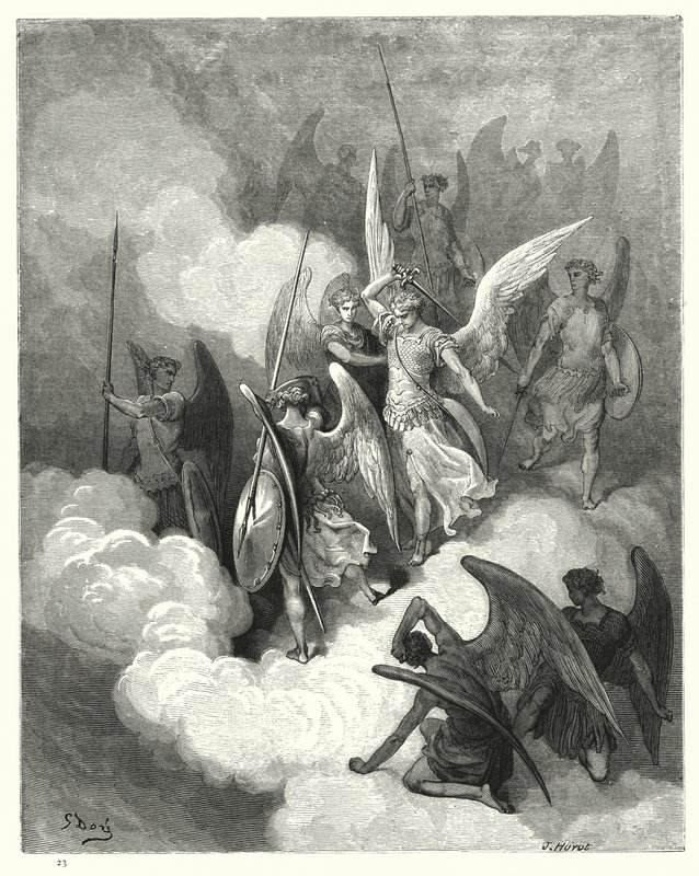 رسم توضيحي من قبل غوستاف دور لفيلم Miltons Paradise Lost ، الكتاب السادس ، السطر 188 بواسطة غوستاف دور