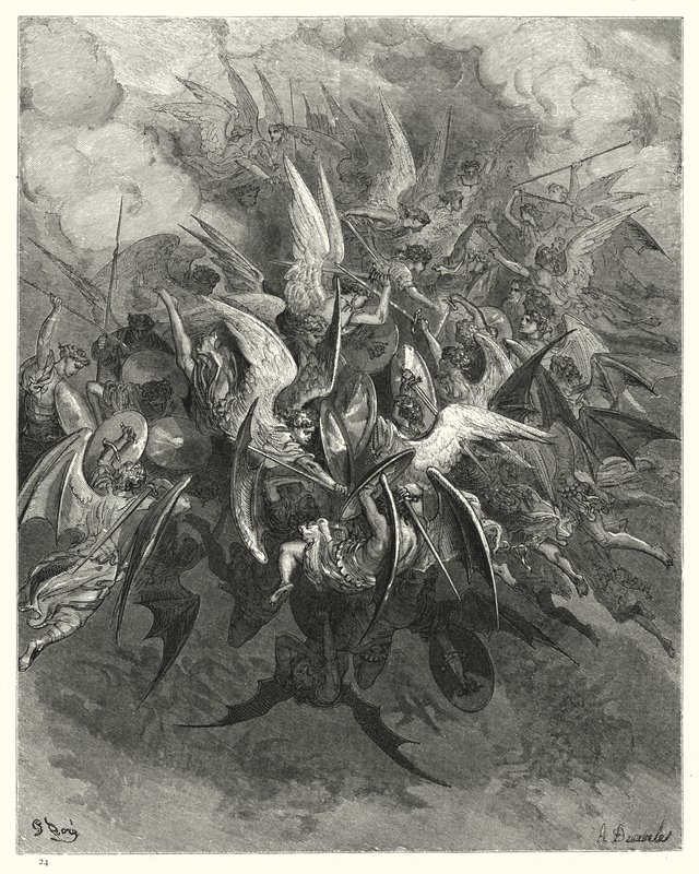 رسم توضيحي من قبل غوستاف دور لميلتونس بارادايس لوست ، الكتاب السادس ، السطور 207-209 بواسطة غوستاف دور