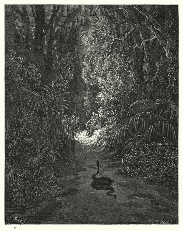 رسم توضيحي من قبل غوستاف دور لفيلم Miltons Paradise Lost ، الكتاب التاسع ، السطور 434 ، 435 بواسطة غوستاف دور