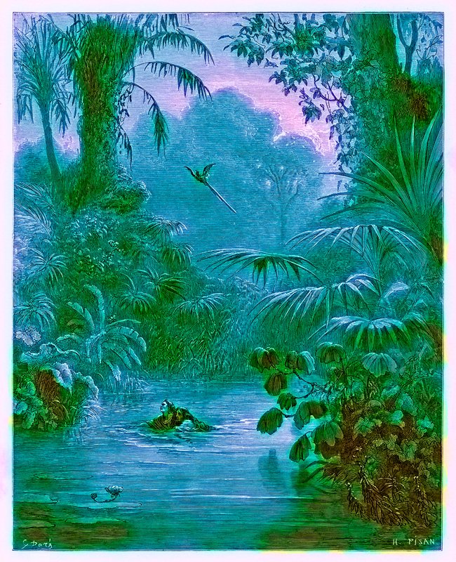 Atala and Chactas Crossing a River ، توضيح من `` The Dore Gallery &39;&39; ، منقوش بواسطة Heliodore Joseph Pisan (1822-90) ، تم نشره عام 1890 (صورة محسنة رقميًا) بواسطة غوستاف دور