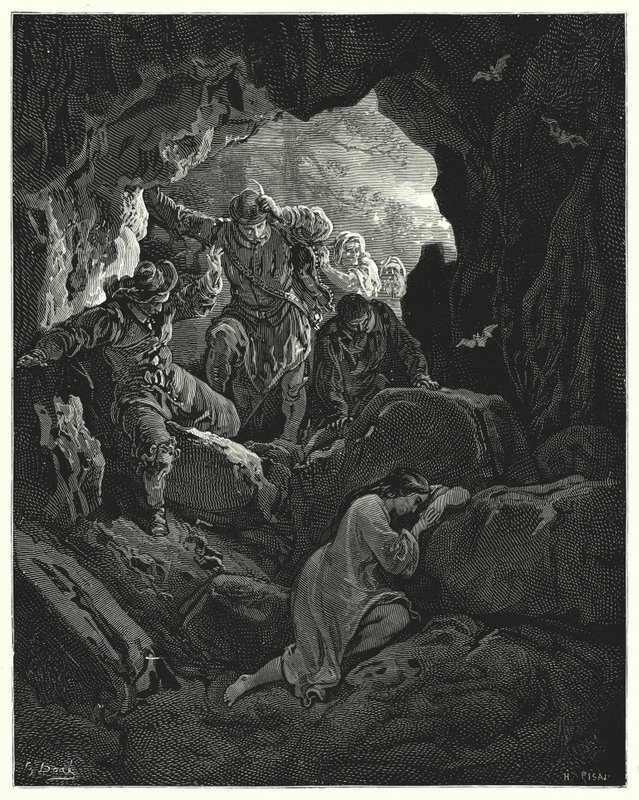 Gustave Dores Don Quixote: "A party with officers is sent out ... who find the poor fond Leandra in a cave of one of the mountains" (engraving) بواسطة غوستاف دور
