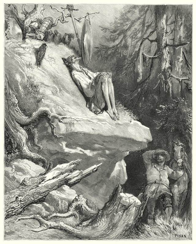 Gustave Dores Don Quixote: "Alas!" answered Sancho, "I found him in his shirt, lean, pale, and almost starved, sighing for his Lady Dulcinea" (engraving) بواسطة غوستاف دور