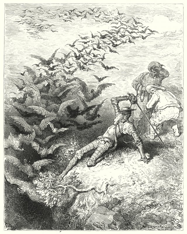 Gustave Dores Don Quixote: "An infinite number of overgrown crows and daws came rushing and fluttering out of the cave" (engraving) بواسطة غوستاف دور