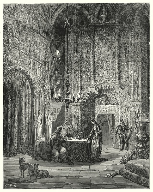 دون كيشوت لـ Gustave Dore: "فتاة أخرى تدخل الغرفة ، وتبدأ في إخباره بالقلعة ، وكيف أنها مفتونة بها" (نقش) بواسطة غوستاف دور