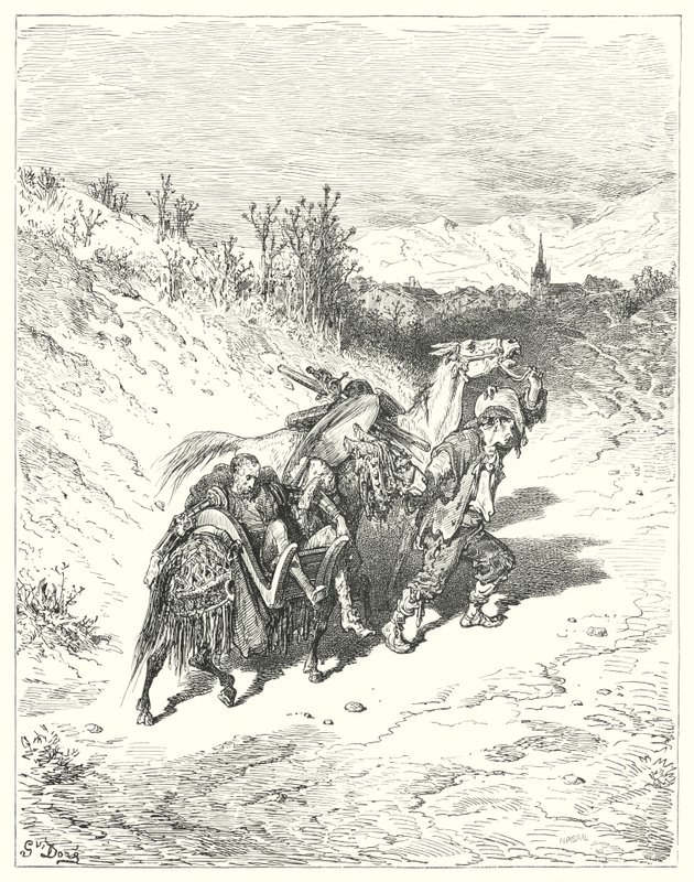 Gustave Dores Don Quixote: "He led them all towards the village, and trudged a-foot himself, very pensive" (engraving) بواسطة غوستاف دور