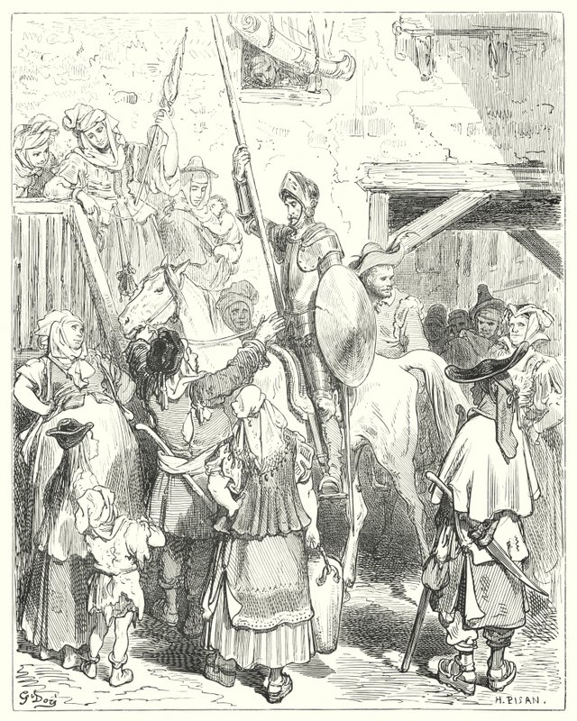 دون كيشوت من Gustave Dore: "لا علاقة لي بكل هذا ،" صاح صاحب الحانة. "دفع الحساب الخاص بك" (نقش) بواسطة غوستاف دور