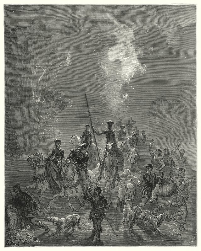 دون كيشوت لـ Gustave Dore: "بدأ الصباح ينشر مظهرها المبتسم في الحي الشرقي من السماء" (نقش) بواسطة غوستاف دور