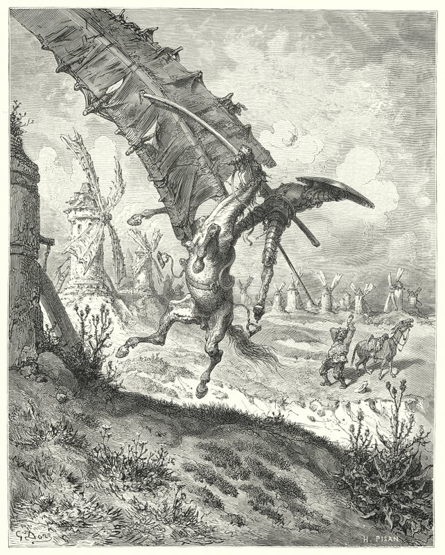 Gustave Dores Don Quixote: "The sail hurled away both knight and horse along with it" (engraving) بواسطة غوستاف دور