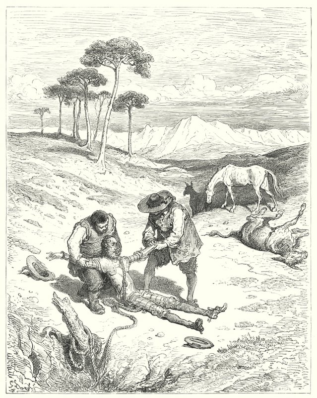 دون كيشوت لـ Gustave Dore: "وجدوا أن عينيه كانتا مغلقتين كما لو كان نائمًا بسرعة" (نقش) بواسطة غوستاف دور