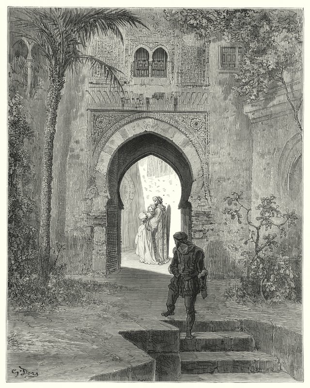 Gustave Dores Don Quixote: "Zoraida, showing trouble in her looks, went away with her father" (engraving) بواسطة غوستاف دور