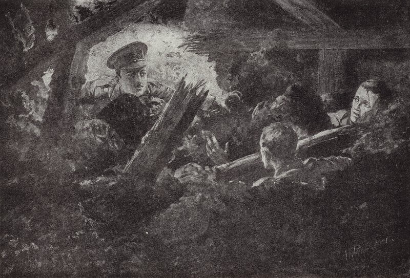 الملازم الثاني سيسيل كالفيرت يكتشف وينقذ رجلين من معرض منجم سقط في 6 سبتمبر 1915 بواسطة H. Ripperger