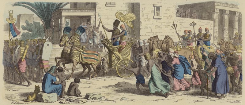 فرعون مصري قديم ينطلق للحرب (نقش ملون) بواسطة هاينريش لوتيمان