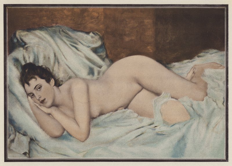 المرأة العارية، على الفراش، (color litho) بواسطة هنري لوسيان (بعد) دوسيه