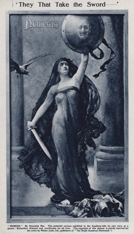 Nemesis, cartoon on the defeat of Kaiser Wilhelm II and Germany in World War I exhibited in the Royal Academy (litho) بواسطة هنريتا (بعد) راي