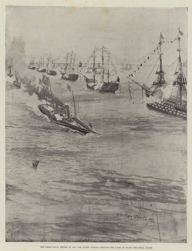 الاستعراض البحري العظيم في عام 1856 ، الملكة تمر عبر الخطوط على متن اليخت الملكي بواسطة هنري تشارلز سيبينجز رايت