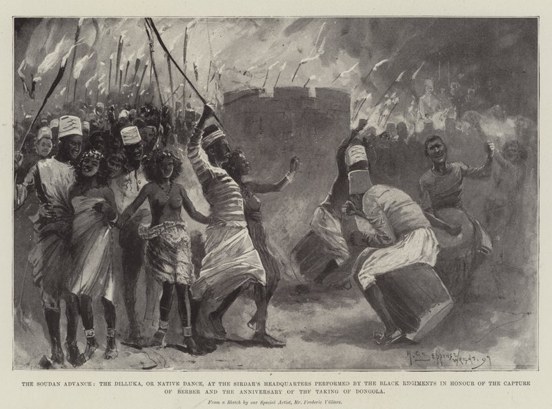 The Soudan Advance أو ال Dilluka أو الرقص الأصلي ، في مقر Sirdar الذي تؤديه الأفواج السوداء تكريما للاستيلاء على البربر وذكرى الاستيلاء على دنقلا بواسطة هنري تشارلز سيبينجز رايت