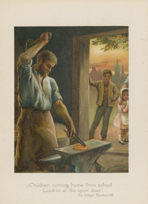 أطفال يعودون إلى المنزل من المدرسة ينظرون إلى الباب المفتوح (chromolitho) بواسطة هنري ماريوت باجيت