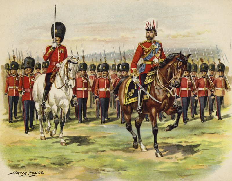 الملك جورج الخامس بصفته أمير ويلز يقود فوجه ، Royal Fusiliers ، في ألدرشوت (chromolitho) بواسطة هنري باين
