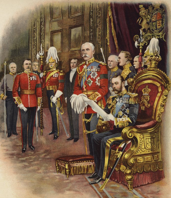 الملك جورج الخامس يعقد محكمته الأولى ، مايو 1910 (chromolitho) بواسطة هنري باين